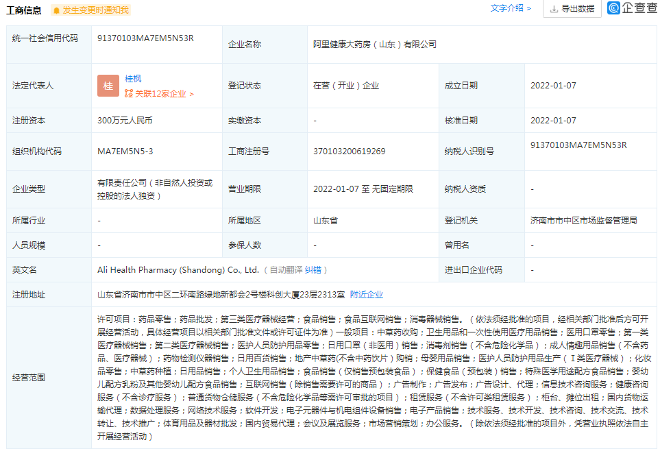 阿里健康大藥房300萬濟(jì)南設(shè)新公司，跨界布局廚具衛(wèi)具引關(guān)注